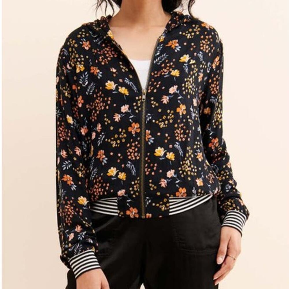 Saltwater Luxe Black Floral Striped Full Zip Bomber Hoodie Women Sz XS